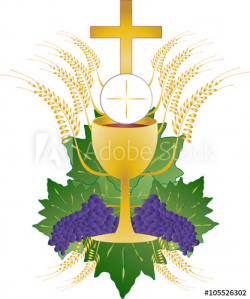 Eucharist symbol of bread and wine, chalice and host, with wheat ...