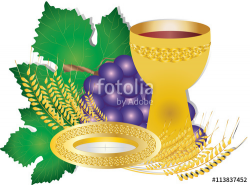 Eucharist symbols of bread and wine, chalice and host with wheat ...