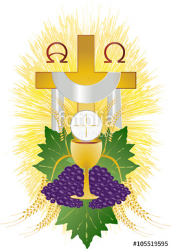Eucharist symbol of bread and wine, chalice and host, with wheat ...
