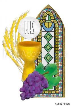 Eucharist symbols with chalice and host, bread and wine, with wheat ...