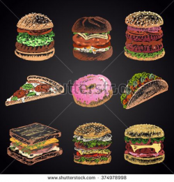 Colored set of chalk drawn 9 different fast food icons on black ...
