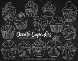 Hand Drawn Chalkboard Cupcake Clipart. White Chalk Cupcake Outlines ...