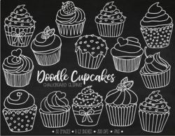 Hand Drawn Chalkboard Cupcake Clipart. White Chalk Cupcake Outlines ...