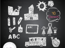 Back To School - Hand Drawn by Children in Chalk Clipart, Bookworm ...