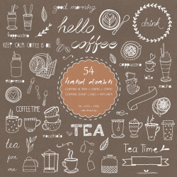 54 Hand Drawn Coffee & Tea Digital Clipart - Chalkboard - Coffee ...