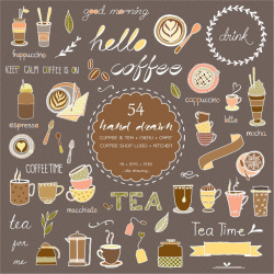54 Hand Drawn Coffee & Tea Digital Clipart - Coffee Shop Logo - Tea ...