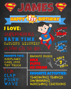 First Birthday Chalkboard Superman Superhero Poster. Boy 1st ...