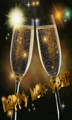 ƸӜƷ`*•.¸ ♥ Happy New Year two champagne glasses with moving sparkly ...