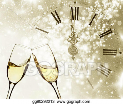 Stock Illustration - Champagne over fireworks and clock close to ...