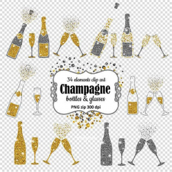 Champagne Clipart. Bottles & glasses glitter overlay clip art. Gold ...