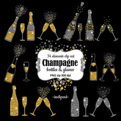 Champagne Clipart. Bottles & glasses glitter overlay clip art.