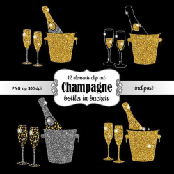 Champagne Clipart. Bottle in bucket & glasses glitter clip art. Gold ...