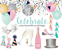 Celebration clipart, Champaign bottle, champaign glasses, top hat, mask,  balloons, banner, confetti, party hat, party blower