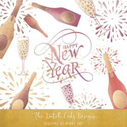 Happy New Year & Party Clipart Set - Champagne Bottles, Glasses ...