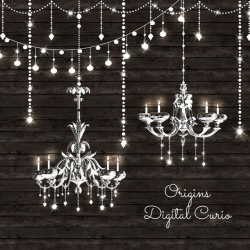 Chandeliers Clipart and String Lights - PNG and Vector Clip art Set,  Chandelier clip art, white string lights, fairy lights, wedding clipart