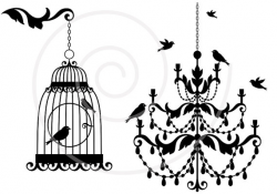 Vintage chandelier with birds and birdcage lamp clipart