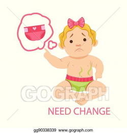 Vector Art - Little baby girl in dirty nappy needs change, part of ...