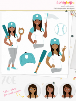 Woman baseball character clipart, sports girl avatar clip art (Zoe L280)