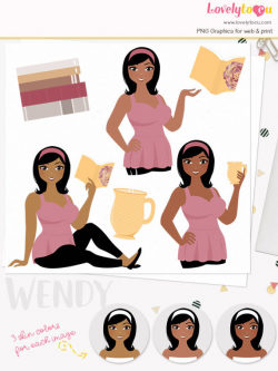 Book lover woman character clipart reading books clipart set