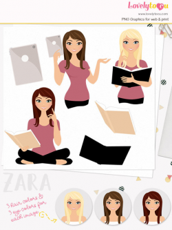 Book lover woman character clipart, reading books clipart set with ...
