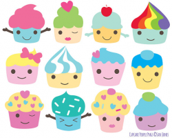 Cupcake Clip Art - Kawaii Cupcakes Characters Set - Kawaii clipart ...