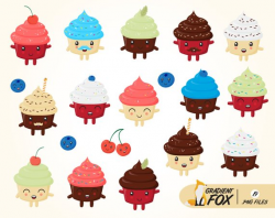 cupcake characters, kawaii clipart, dessert clipart, Chibi Cupcake ...