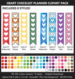 Heart Checklist Clipart Pack for Planners - 100 Fun Colors! Printable,  Watercolor, Ribbon, DIY Planner Sticker, Calendar, Day Planner, CUOK