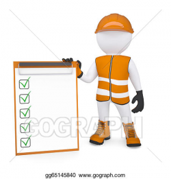 Clip Art - 3d white man in overalls holding a checklist. Stock ...