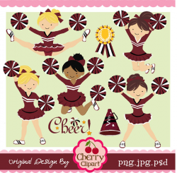 Maroon Black and White Cheerleader Digital Clipart Set for