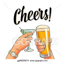 EPS Vector - Hands holding and clinking two glasses with beer and ...