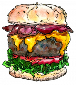 bacon cheeseburger watercolor and pen at The Artwork of HiddenStash