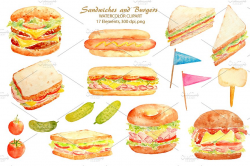Watercolor Sandwich Burger Hotdog ~ Illustrations ~ Creative Market