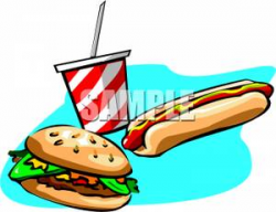 A Cheeseburger With A Hot Dog And A Soda - Royalty Free Clipart Picture