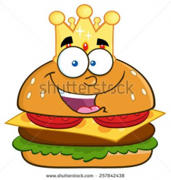 Happy King Hamburger Cartoon Character With Gold Crown. Vector ...