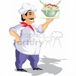Cartoon chef holding a big bowl of spaghetti noodles clipart. Royalty-free  clipart # 373685