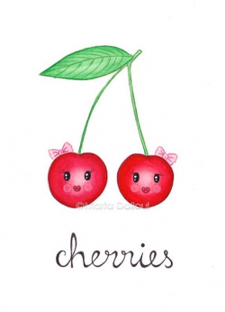 Cherry fruit art print. Cherry watercolor painting. Cute ...