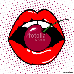 Woman red lips with cherry on pop art background. Vector ...
