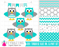 Owl ClipArt,Turquoise and Gray Clip Art Set and Digital Paper Set ...