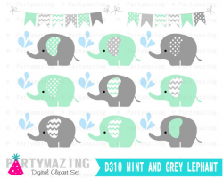 Mint Elephant ClipArt , Mint and Gray Clip Art Set , Chevron and ...