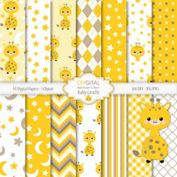 Baby Giraffe Digital Paper Set-Giraffe Clipart included-14 yellow ...