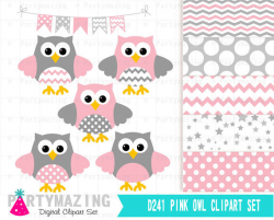 Owl ClipArt, Baby Pink and Gray Clip Art Set and Digital Paper Set ...