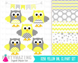 Yellow Owl Clipart Set, Grey Chevron, Baby Shower Set, Cute Nursery ...