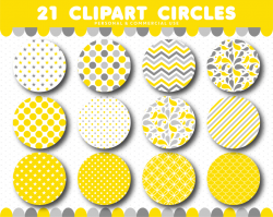 Yellow clipart circles with polka dots, stripes and chevron pattern ...
