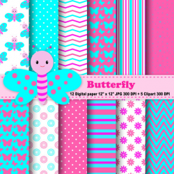 Butterfly Digital Paper, Butterfly Clipart, Flowers, Polka Dots ...
