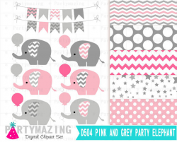 Elephant Clipart, Chevron Pink and Gray, Clip Art set and Scrapbook ...
