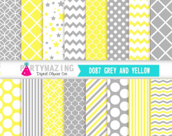 D087 Yellow & Grey Digital Paper Pack – Baby shower Chevron Polka ...