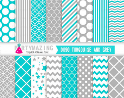 Turquoise Digital Paper, Turquoise and Grey Digital Paper, Chevron ...