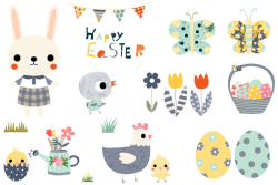 Cute Easter clipart set, Happy Easter design elements ...