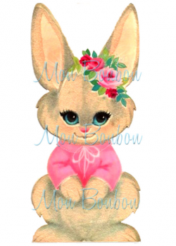 Cute Retro Pink Easter Bunny Girl Clip Art Illustration .PnG