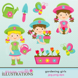 Gardening Girls Cute Digital Clipart, Garden Clip Art, Spring Garden ...